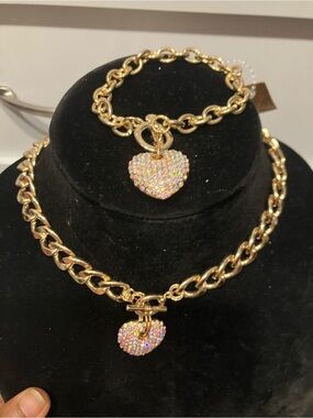 Nique Gold-Tone Heart Pendant Necklace & Bracelet with Iridescent Crystals